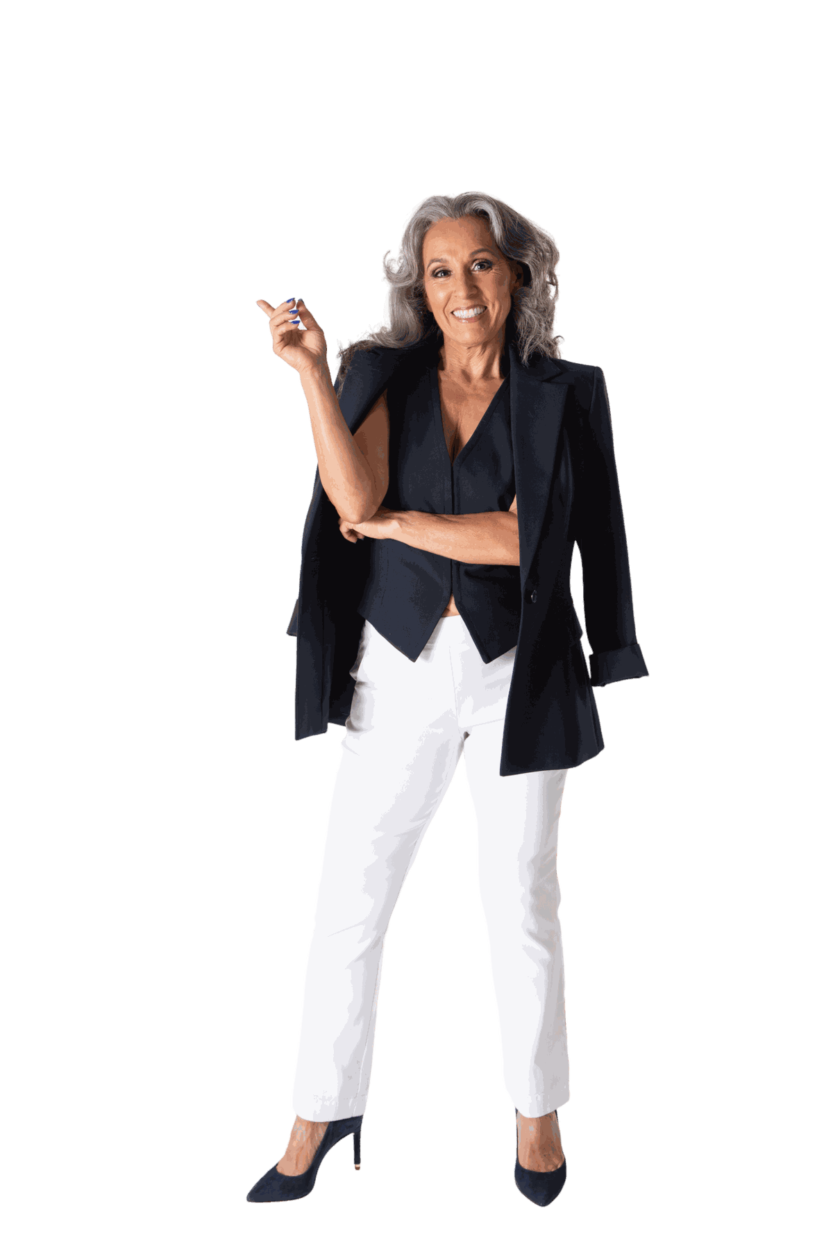 Nicole Jolie in a navy blazer and white trousers, pointing toward the headline